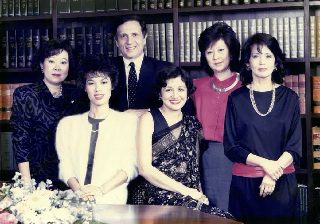 A photograph taken at Drew and Napier in the late 1980s showing the senior partner Mr Joseph Grimberg with the women partners of the firm. From left: Ms Tan Bee Lian, Ms Chua Bee Lan, Justice Judith Prakash, Dr Thio Su Mien, and Mrs Murgiana Haq. (Credit: Justice Prakash)